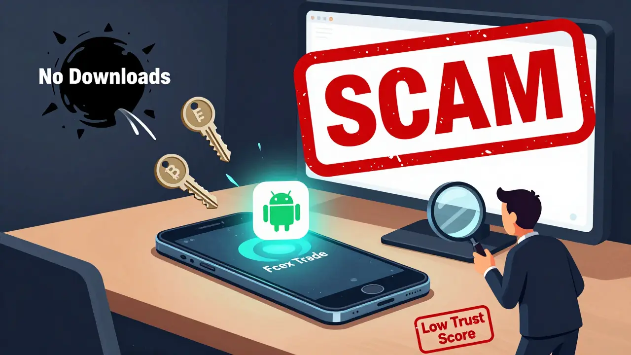 A phone with a scam app pulling private keys into a black hole, marked 'Low Trust Score' in cartoon style.