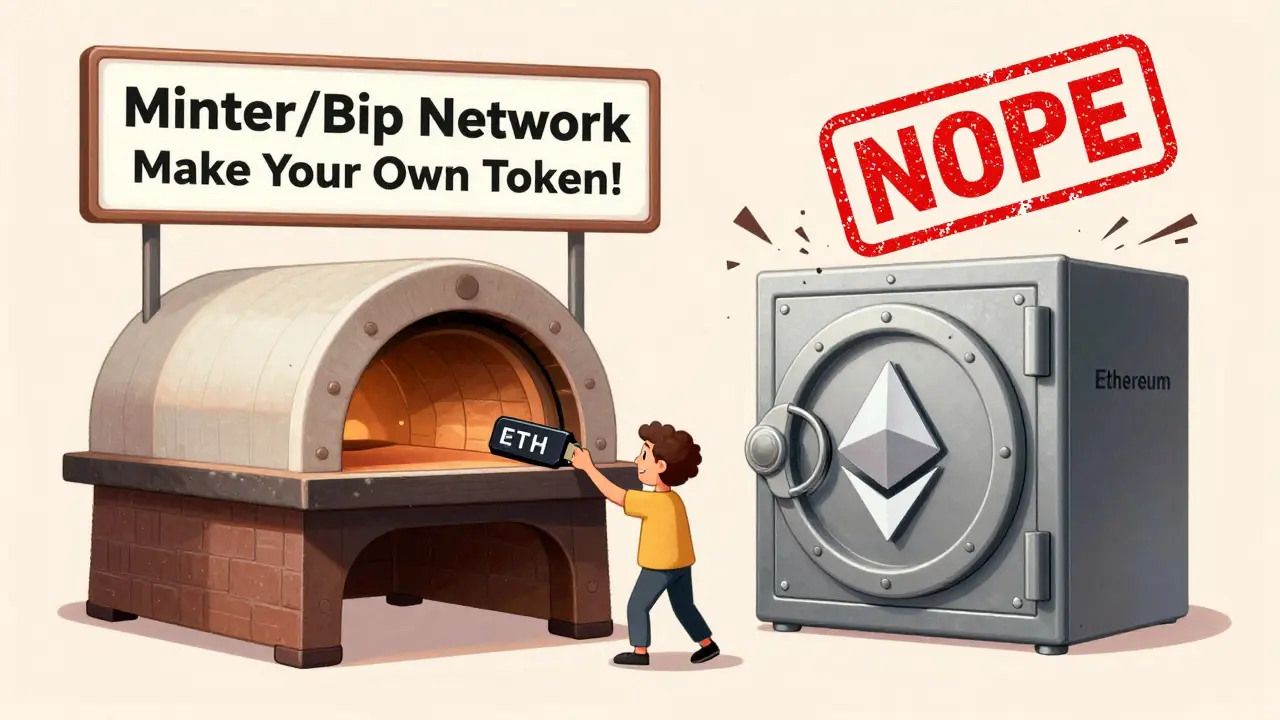A pizza oven labeled 'Minter/Bip' next to an Ethereum bank vault, with a person trying to insert ETH into the oven as a 'NOPE' stamp falls.