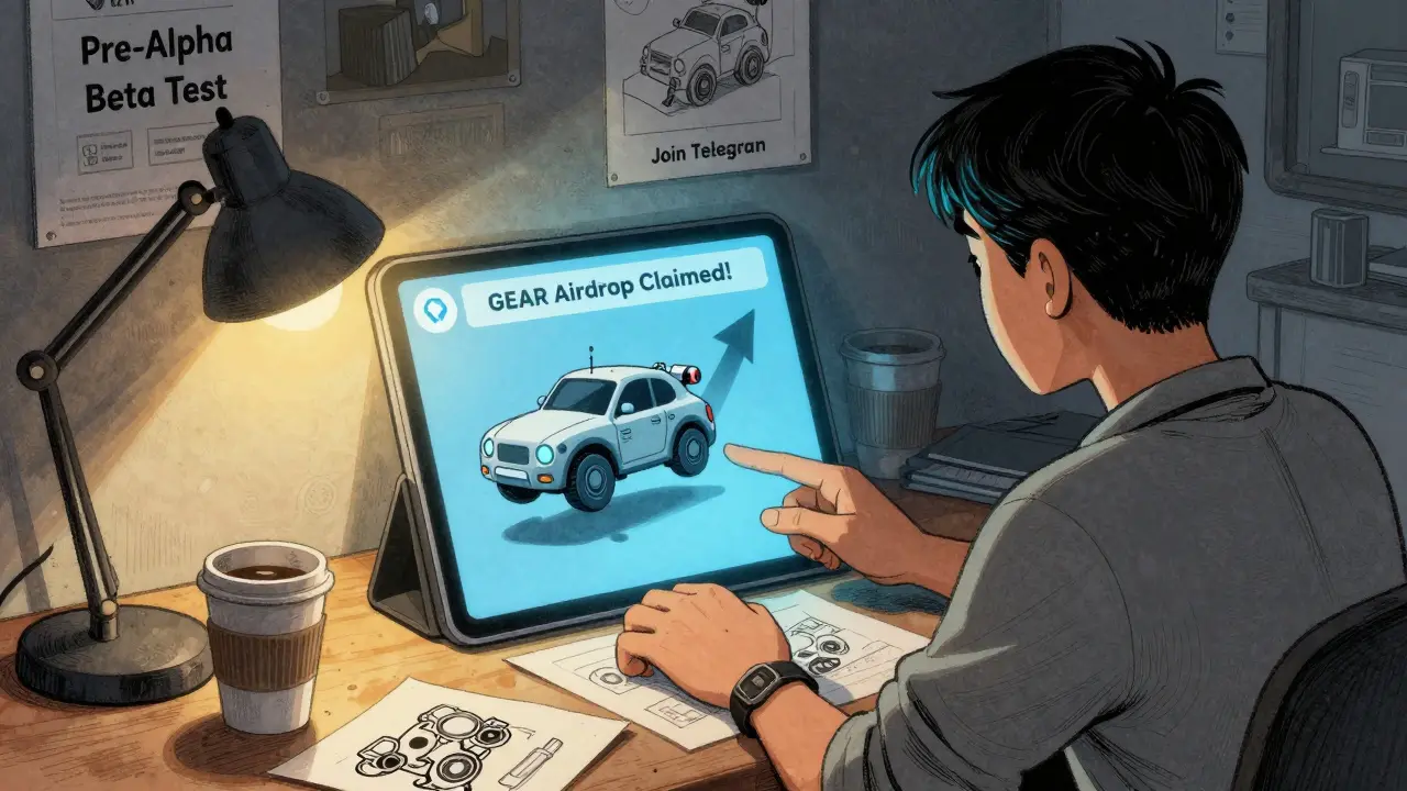 A player sees an airdrop notification on a tablet as their robot NFT comes alive, surrounded by game prep notes.