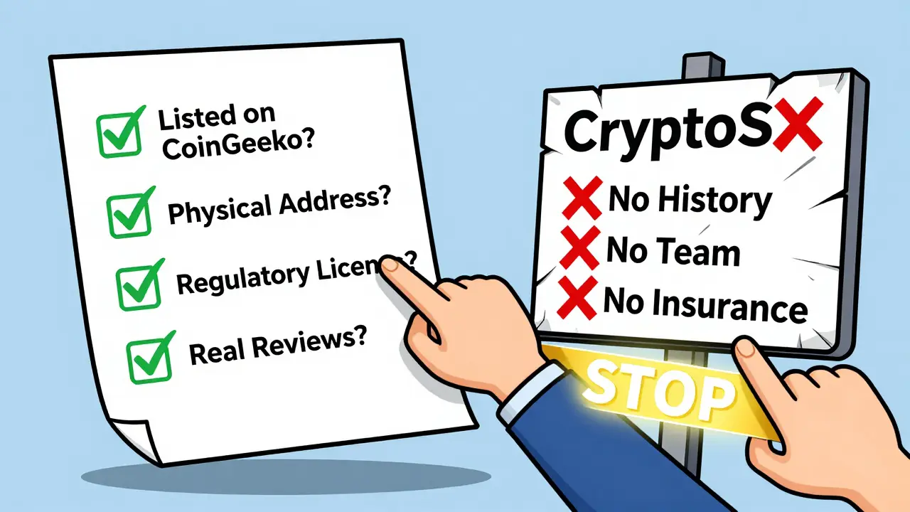 A safety checklist glows green next to a crumbling CryptoSX sign marked with red X’s for missing legitimacy signs.