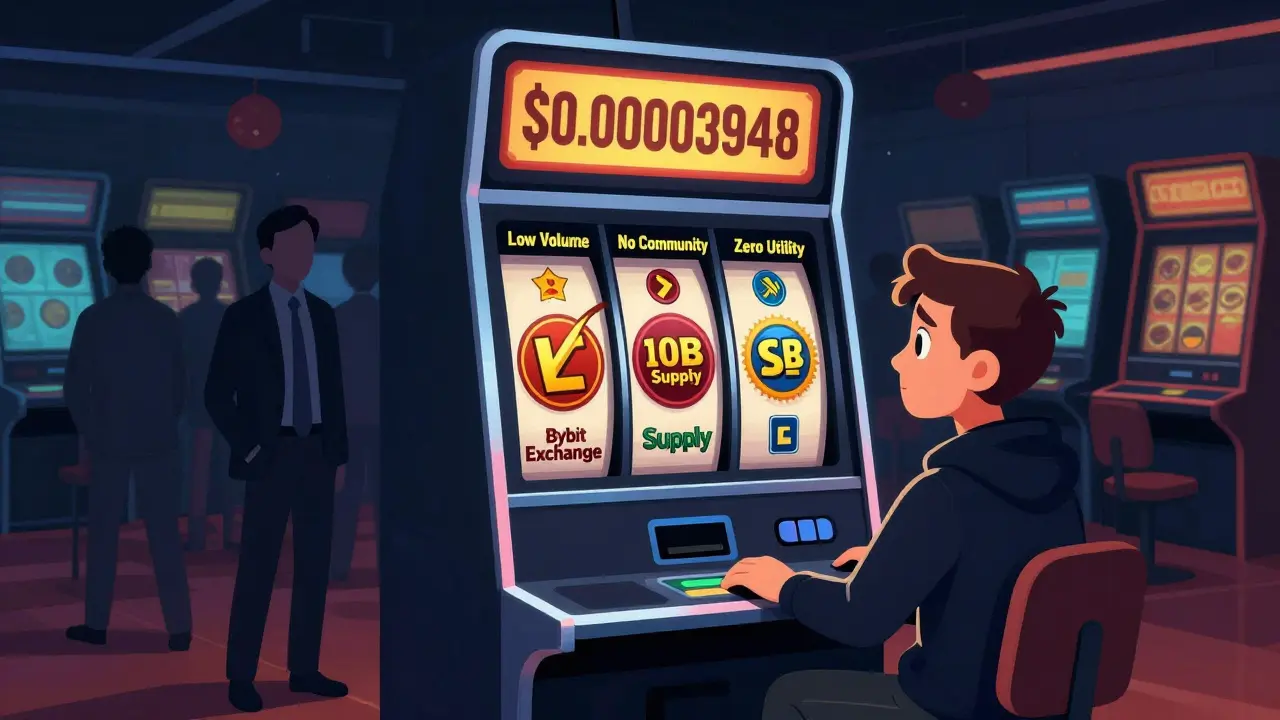 A slot machine with crypto failure symbols spins as a lone gambler watches hopelessly.