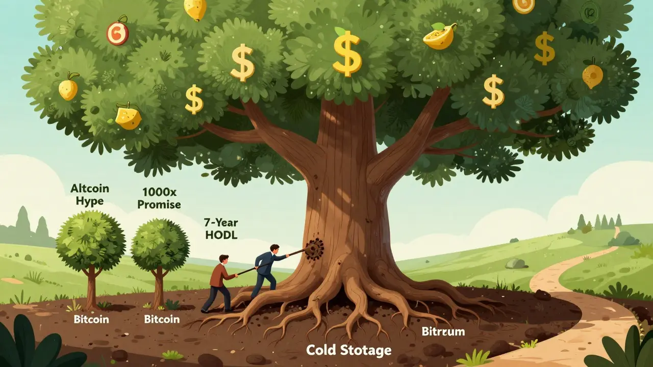 A strong tree rooted in Bitcoin and Ethereum grows staking fruit, while hype-driven trees are being chopped down.