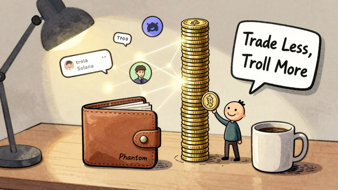 A tiny person sends a single TROLL coin to a friend across a glowing Solana network, surrounded by memes and Discord bubbles.