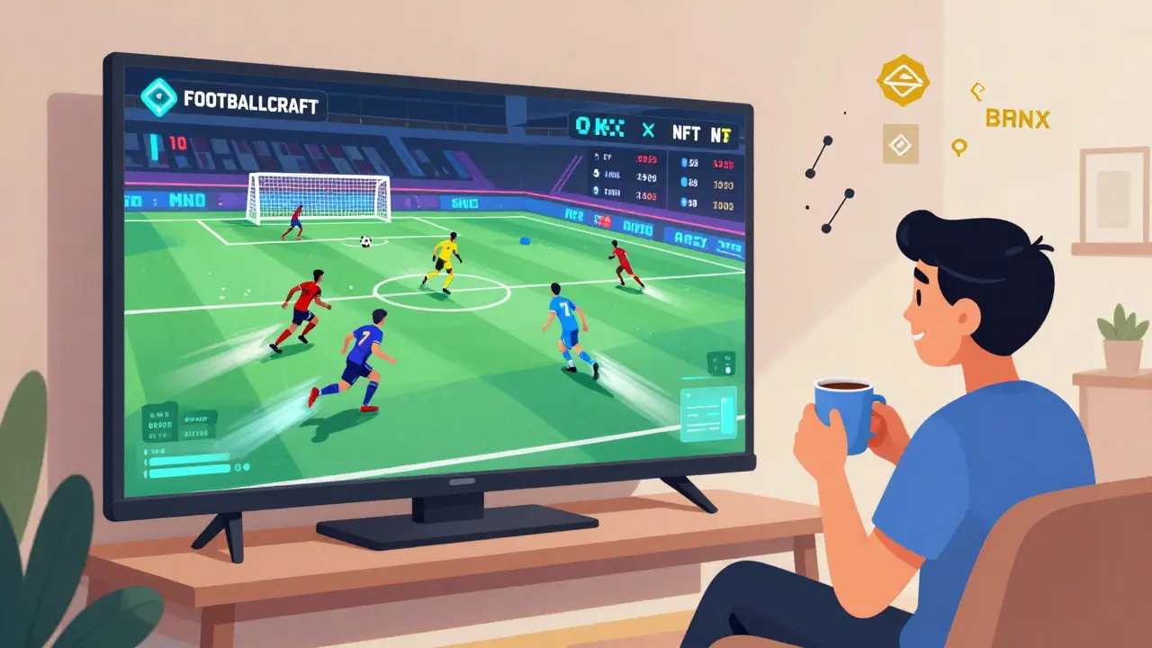 A user watches a 12x speed AI football match on screen, their NFT-powered team scoring as blockchain data glows in the background.