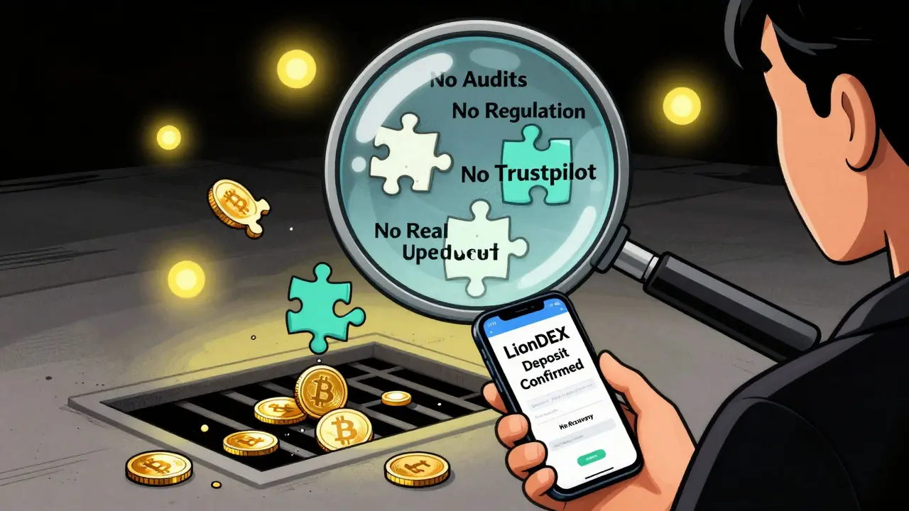 A victim watching crypto drain away as hidden scam clues appear in a magnifying glass.