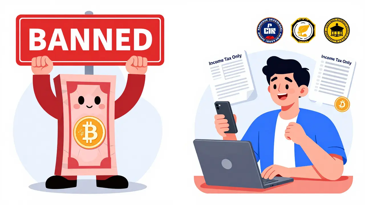 Bitcoin payment banned at a coffee shop while regulated crypto investing is allowed, with tax and monitoring icons above.