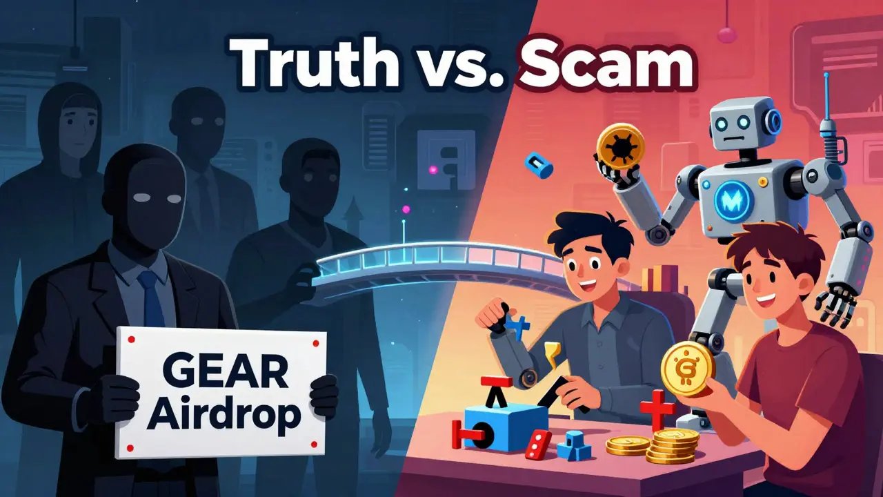 Contrasting scene of scammers versus genuine players in the MetaGear ecosystem.