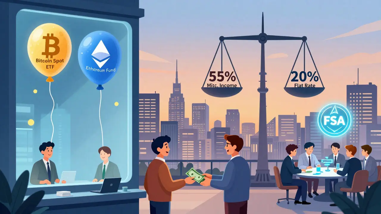 Crypto ETFs rising in Tokyo skyline as tax rates shift from 55% to 20% for retail investors.