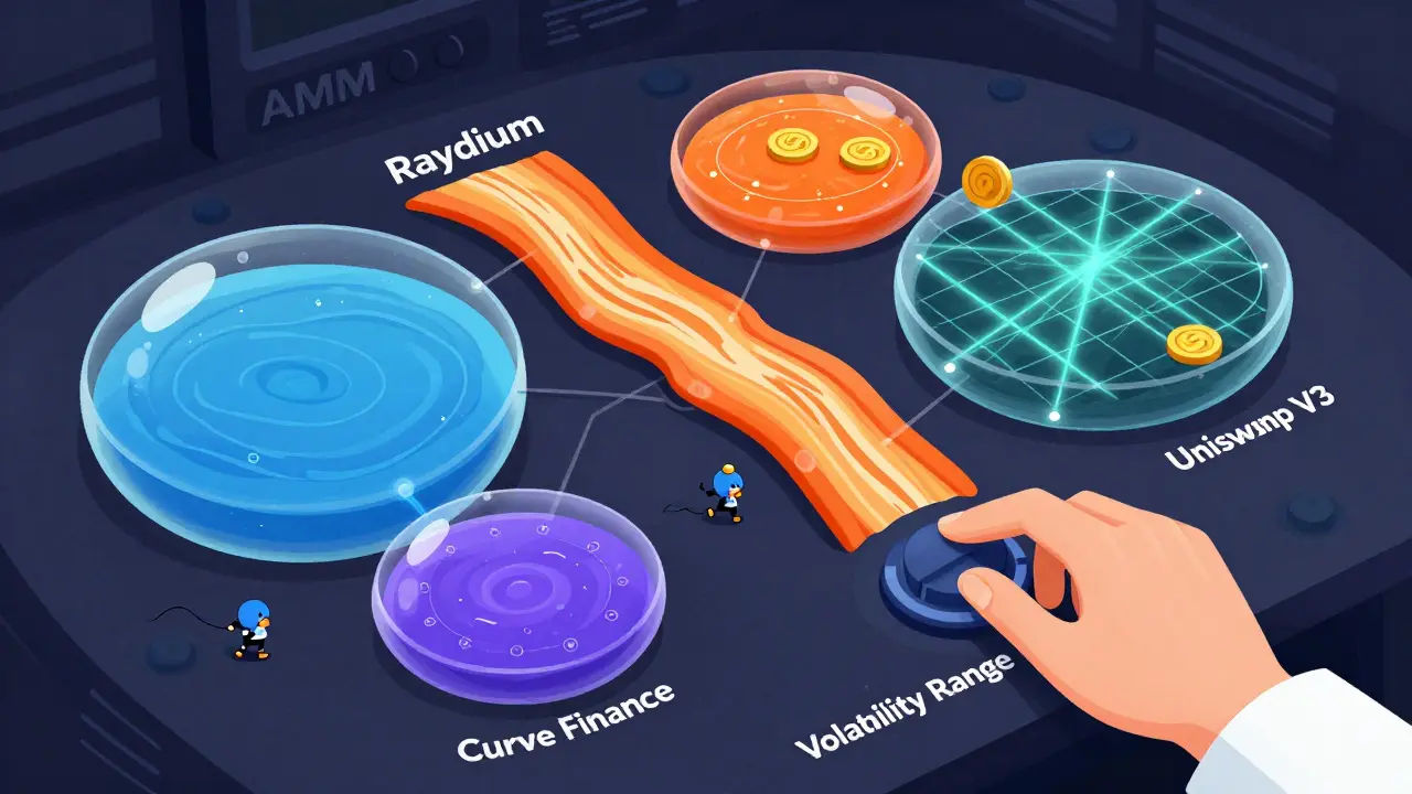 Futuristic dashboard showing different AMM pools as bubbles, with a hand optimizing volatility range for maximum fees.
