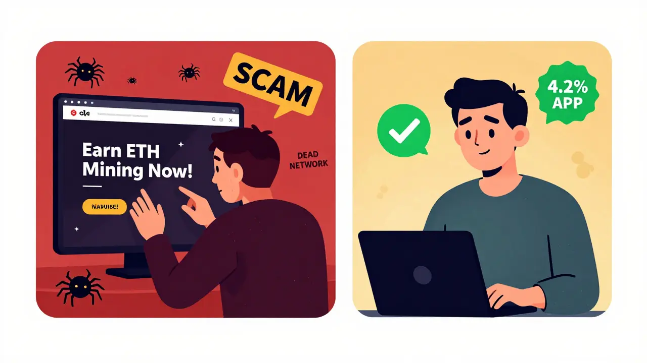 Left side: malware spiders emerging from a fake Ethereum mining site; right side: a user staking ETH safely with a 4.2% APR badge.