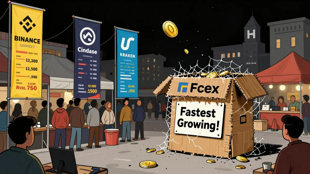 Legitimate exchanges thrive while Fcex is a flimsy cardboard cutout covered in cobwebs, illustrated in editorial style.