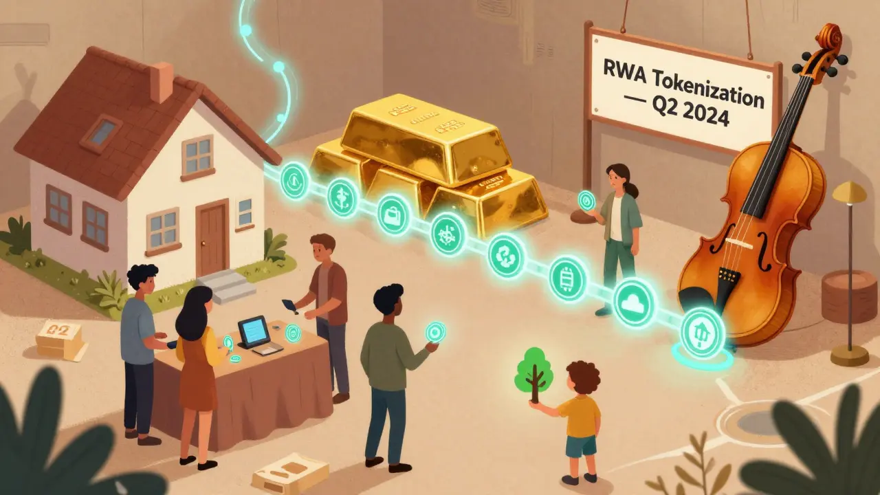 Real-world objects like a house and gold bar being turned into blockchain tokens by a Chainlink oracle in a digital marketplace.