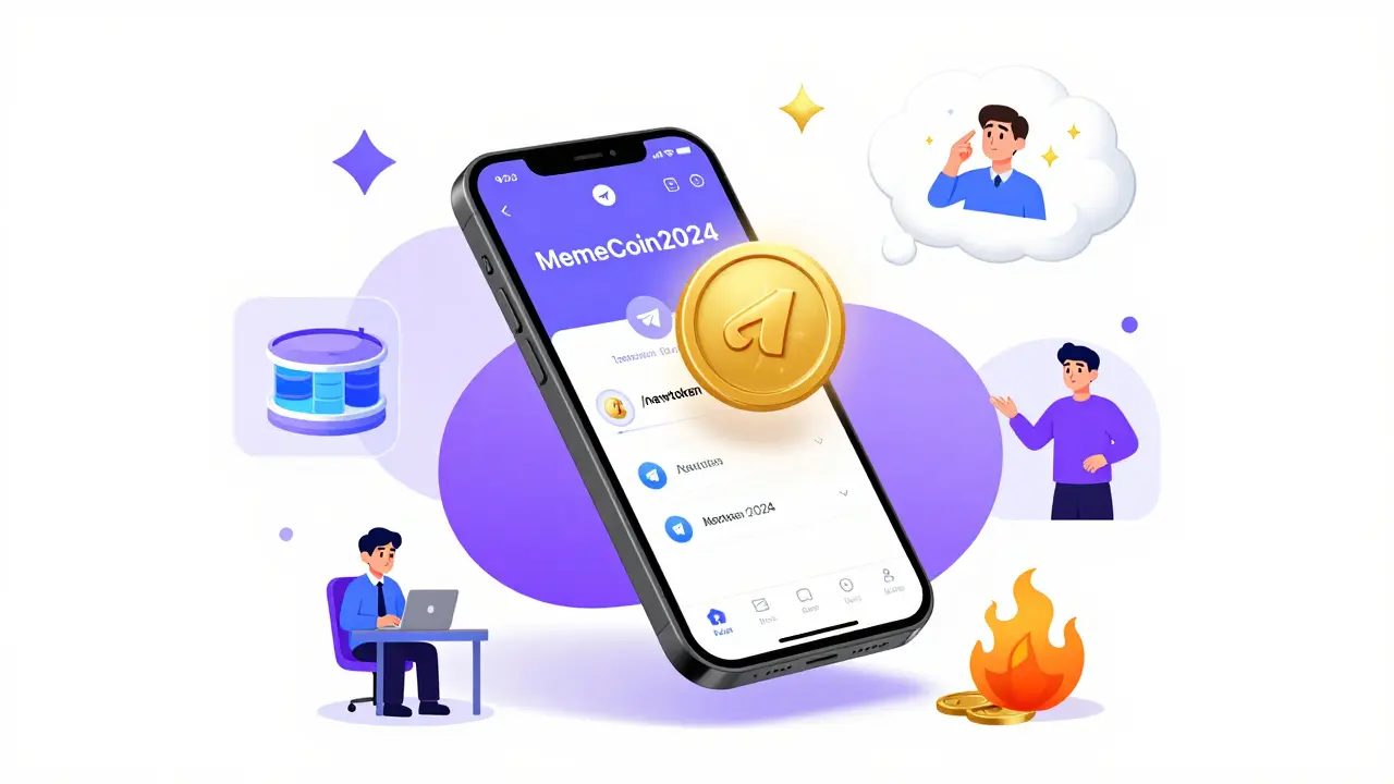 Smartphone showing Telegram command '/newtoken' launching a sparkling crypto token with AI and liquidity icons nearby.