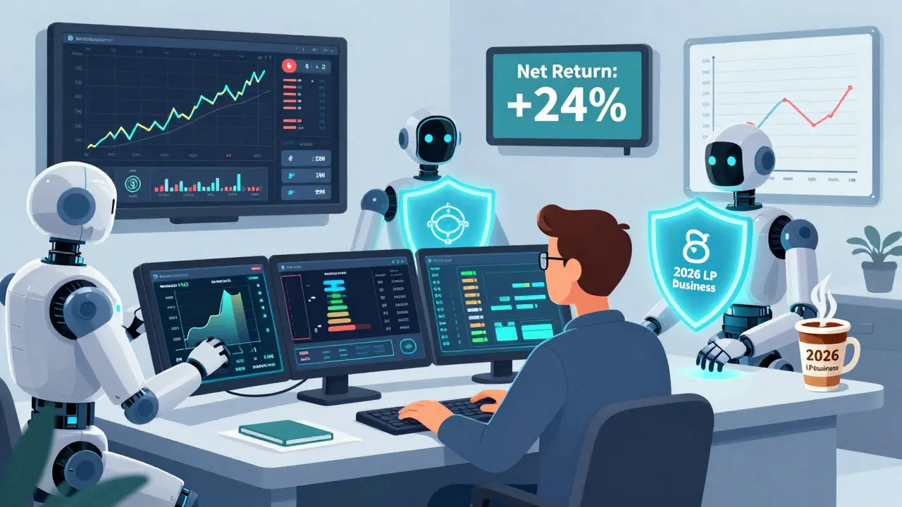 Trader using AI bots to manage liquidity positions and hedge with short positions, displaying a 24% net return.