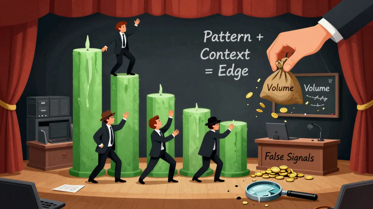 Trading desk theater showing actors reenacting a double top pattern with volume overpowering them.