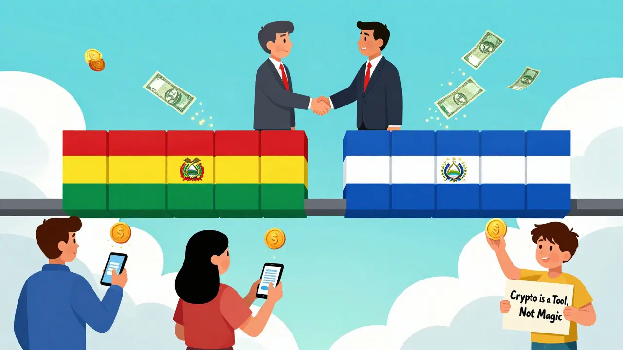 A blockchain bridge connects Bolivia and El Salvador as citizens send stablecoins across, symbolizing regulatory cooperation.
