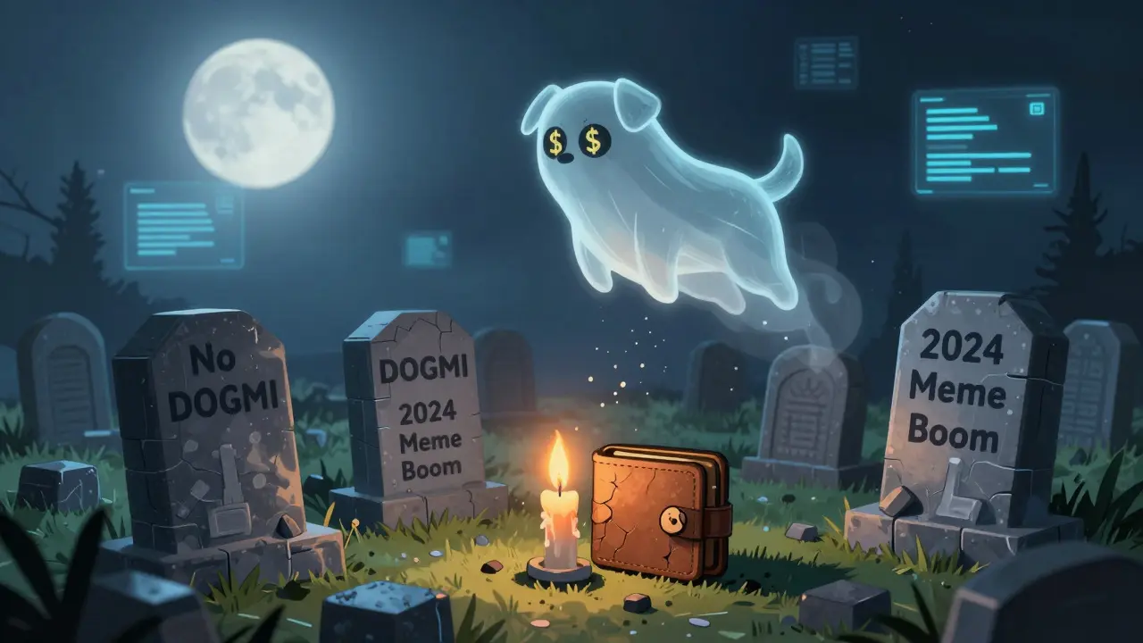A blockchain graveyard with DOGMI tombstones, a flickering candle, and a ghostly dog dissolving into static.