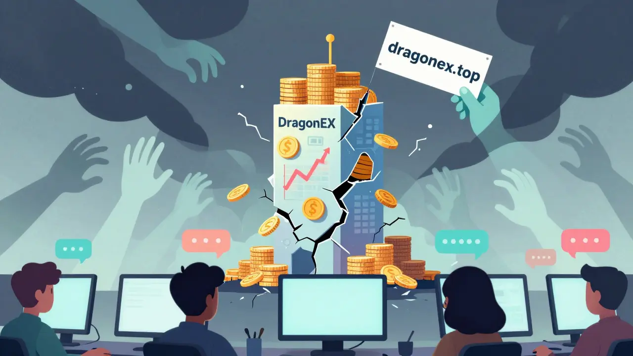A crumbling DragonEX tower with ghostly hands and fake websites, symbolizing its collapse and scam imitators.