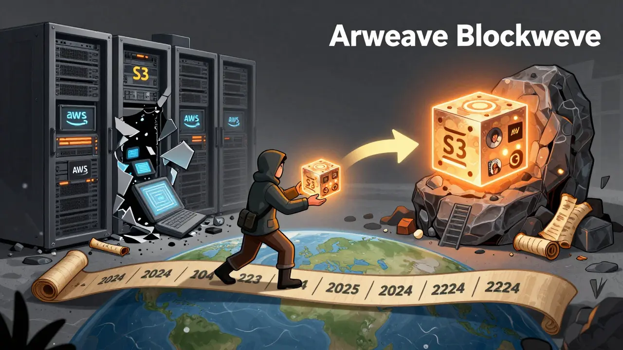 A crumbling server farm contrasts with a glowing Arweave node embedded in stone, spanning a timeline from 2024 to 2224.