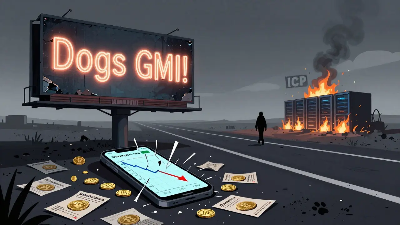 A faded 'Dogs GMI!' billboard stands on a digital highway beside a crashing crypto chart and burning server.