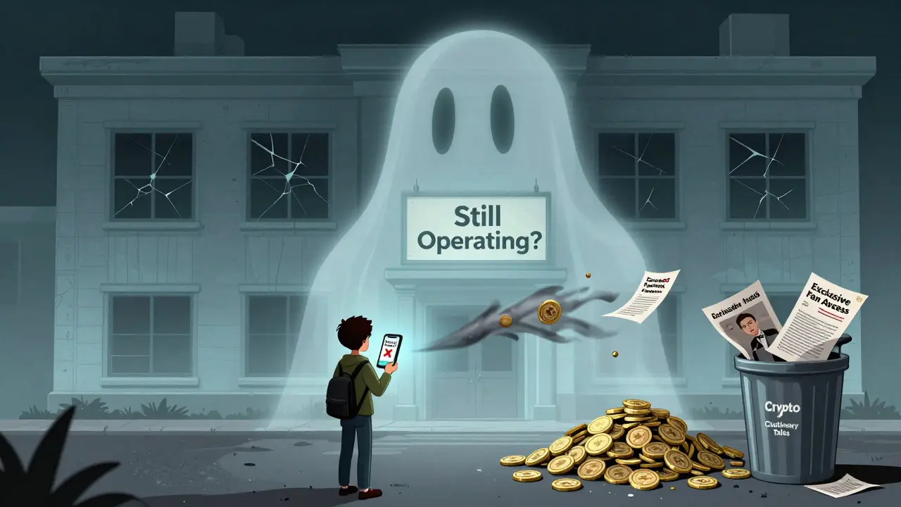 A fading GCOX building as a user sees a 'Deposit Failed' message, with celebrity tokens melting into ash nearby.