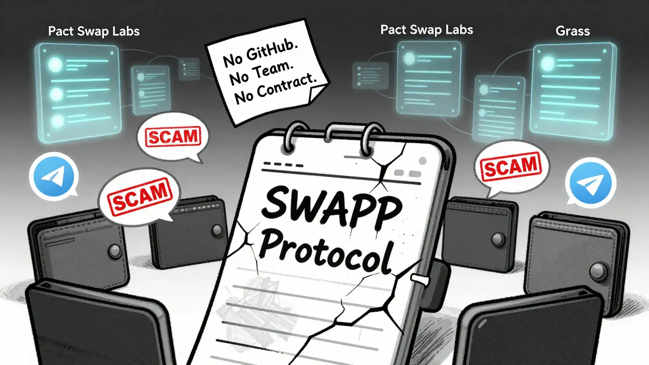 A fading SWAPP Protocol blockchain ledger surrounded by empty wallets and scam chat bubbles, contrasted with verified projects shining clearly.