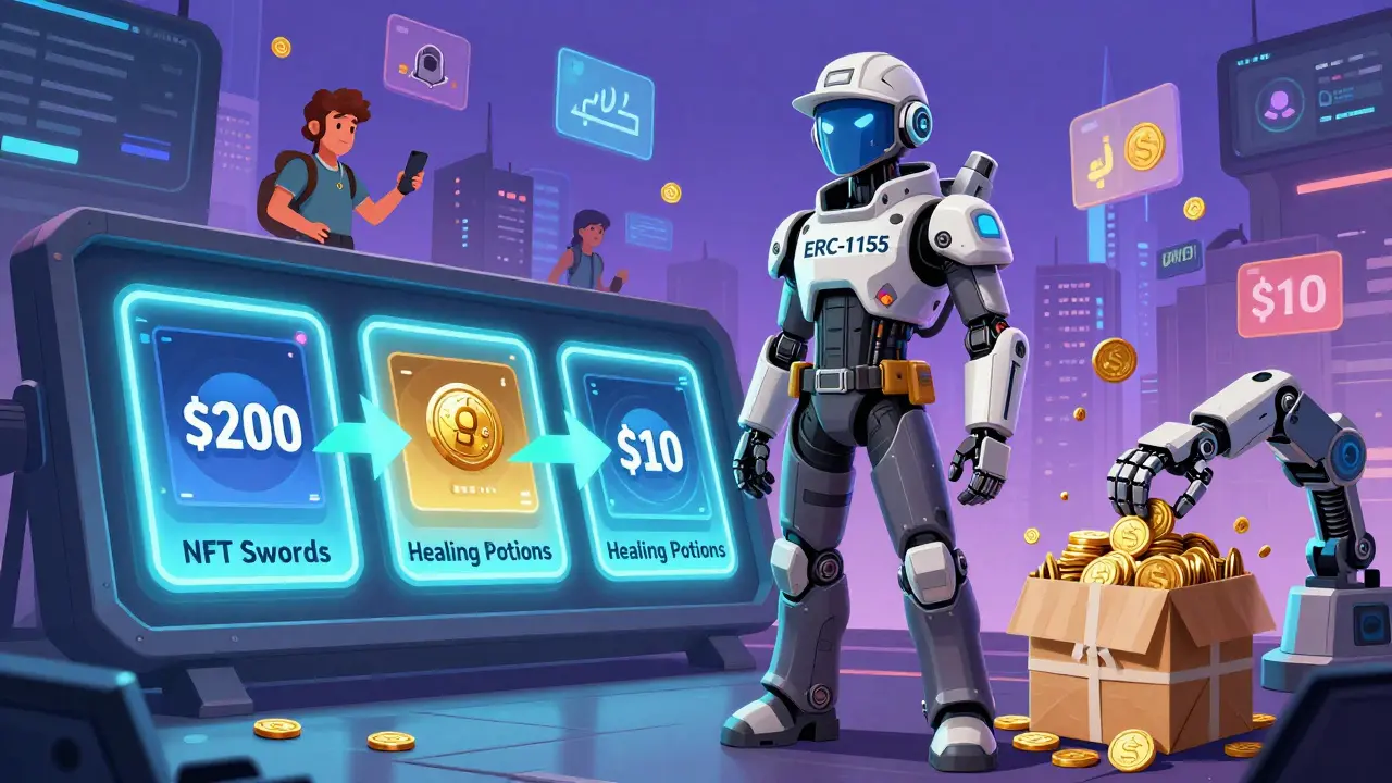 A futuristic engineer manages multiple token types in one system, with batch transfers and multi-language metadata floating around.