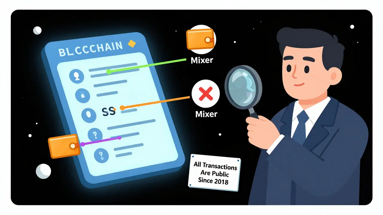 A glowing blockchain ledger connects wallets to an IRS auditor with a magnifying glass, highlighting public transactions.