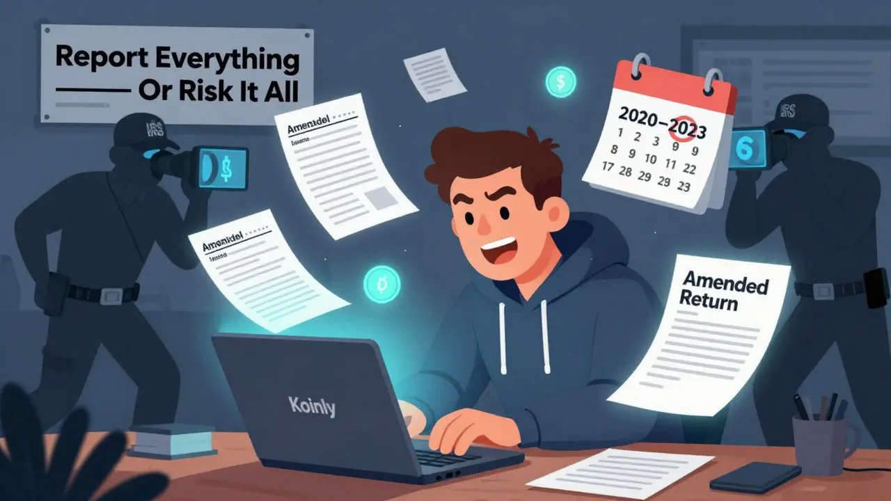 A man files amended tax returns using crypto software while IRS agents close in from behind.