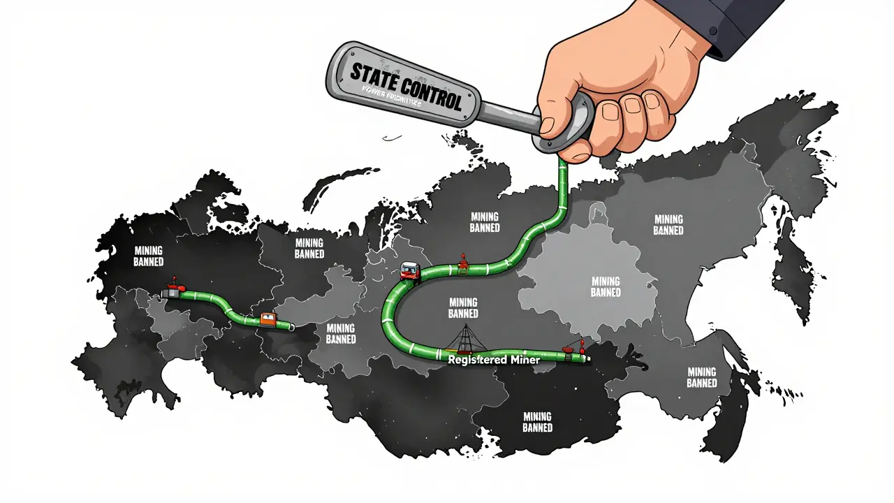 A map of Russia showing banned mining regions and a single permitted route under state control.