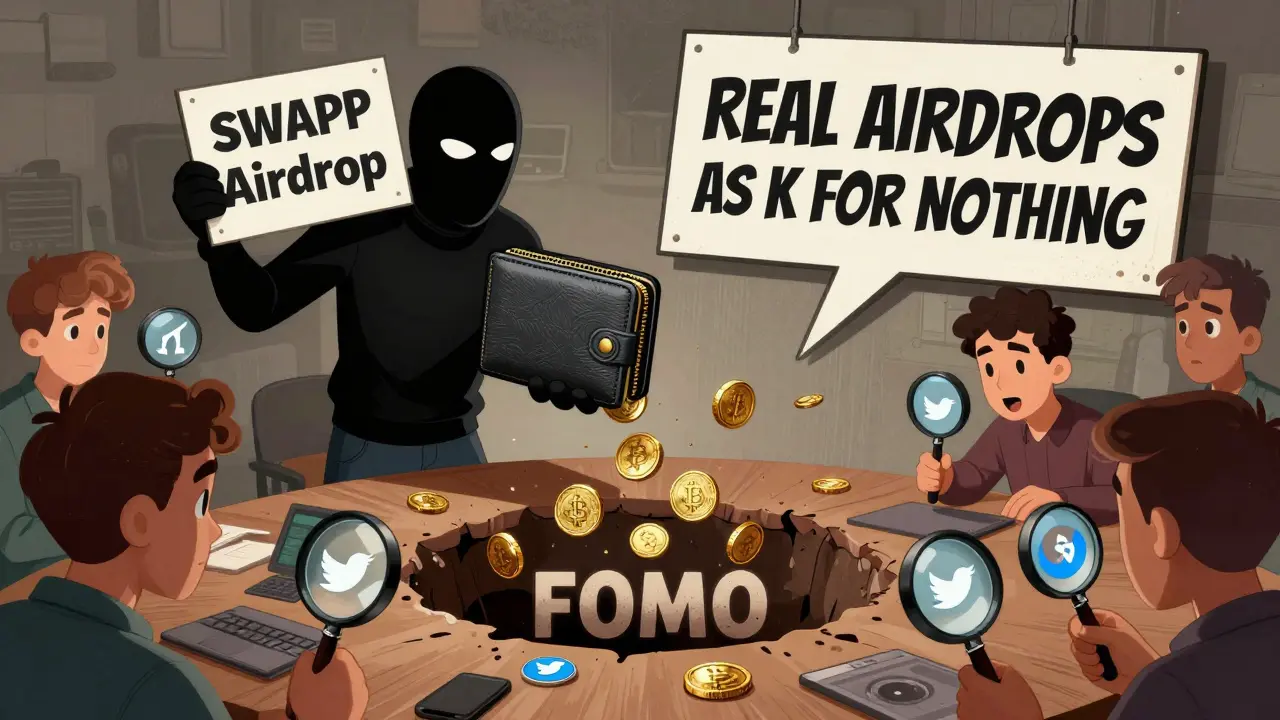 A masked figure draining a crypto wallet labeled 'SWAPP Airdrop' while cautious users verify real projects with magnifying glasses.