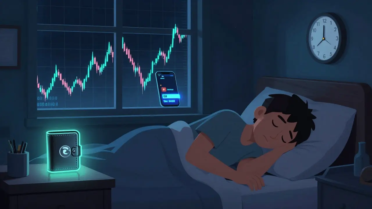 A person sleeps peacefully as crypto price charts crash outside the window, with a glowing hardware wallet on the nightstand, ignoring frantic phone alerts.