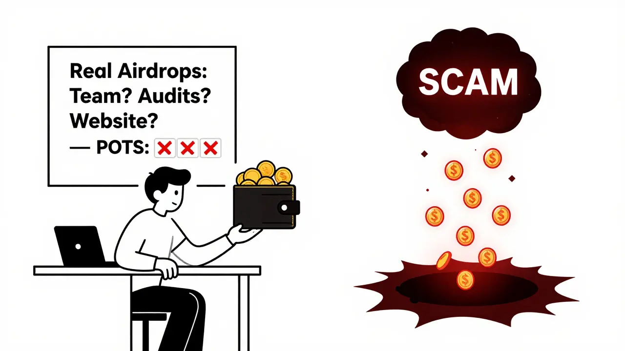 A person watches their wallet drain into a black hole labeled 'SCAM' as a checklist shows POTS has no real credentials.