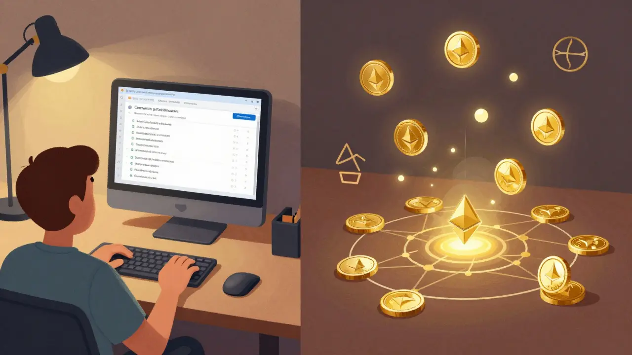 A quiet beta room with transaction logs on one side and CANU tokens falling into wallets on the other.