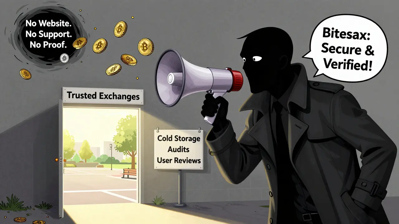 A shadowy figure promotes Bitesax while coins vanish into a black hole, as a bright path leads to trusted exchanges.