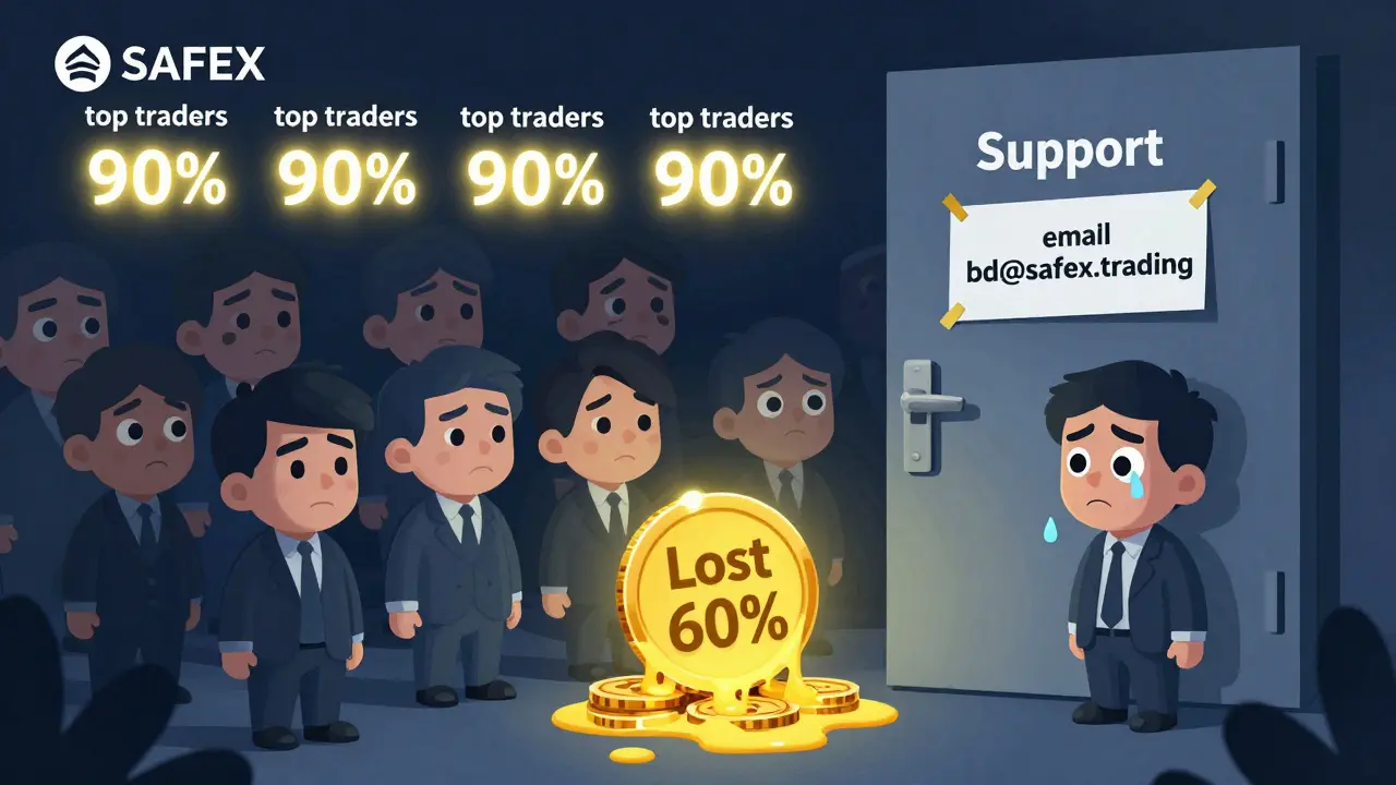 A social trading dashboard showing misleading leaderboards and no customer support access.