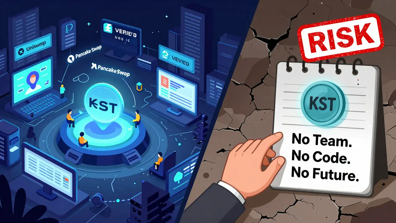 A split scene shows active DeFi platforms on one side and a lonely, abandoned KST token on the other.
