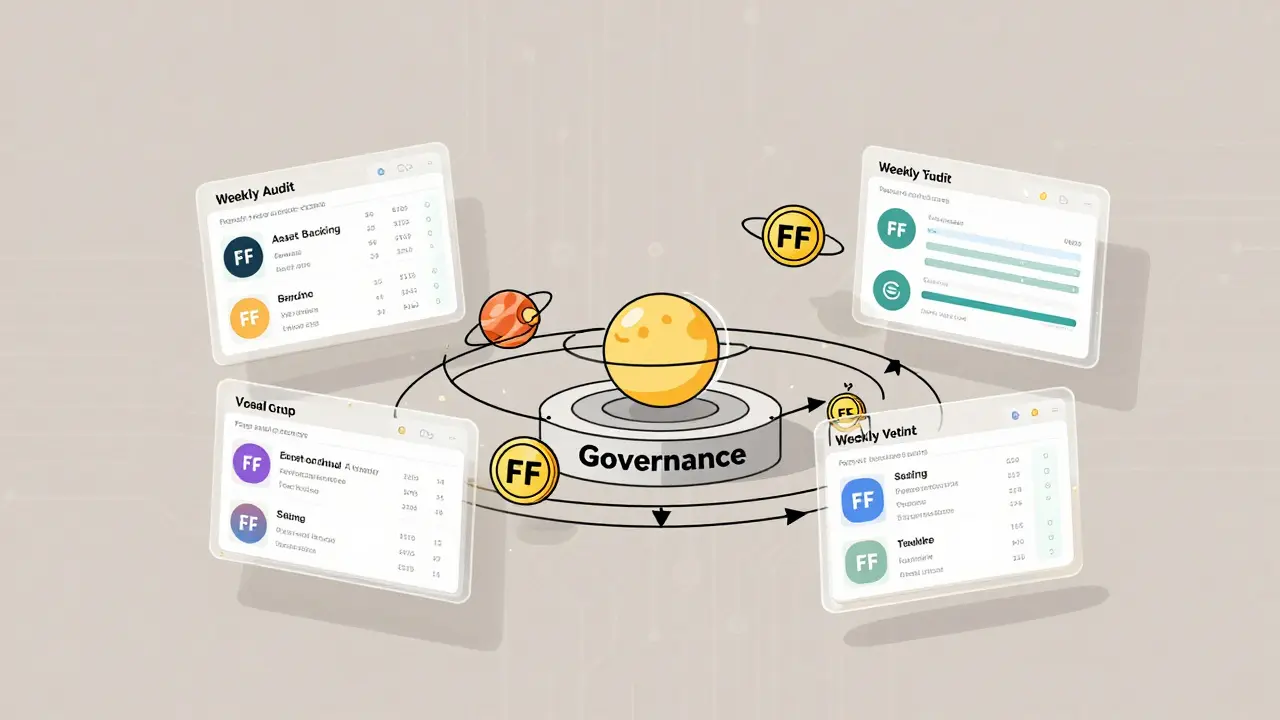 A transparency dashboard showing USDf backing and FF governance tokens in orbit.