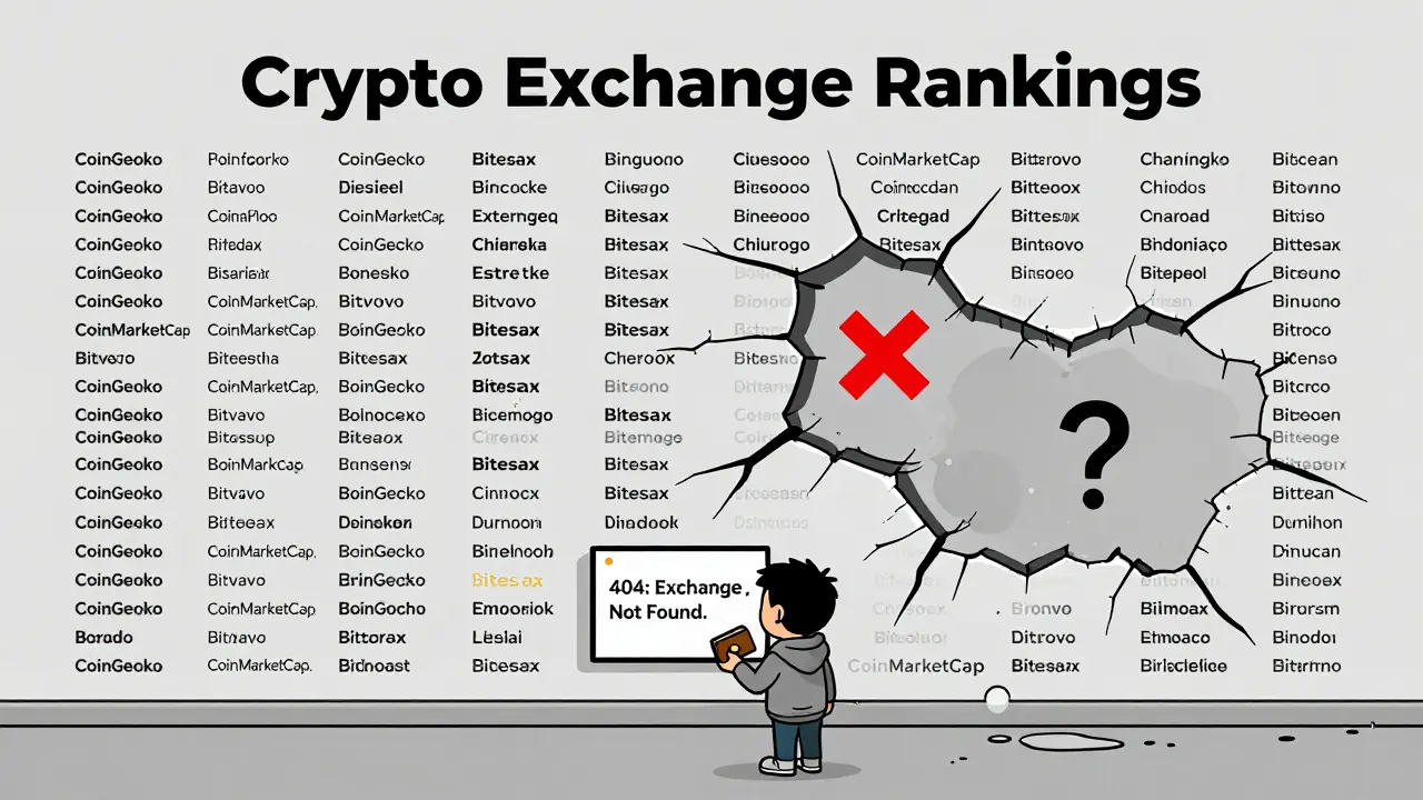 A wall of crypto exchanges shows a blank space with an X where Bitesax should be, a confused user stares at it.