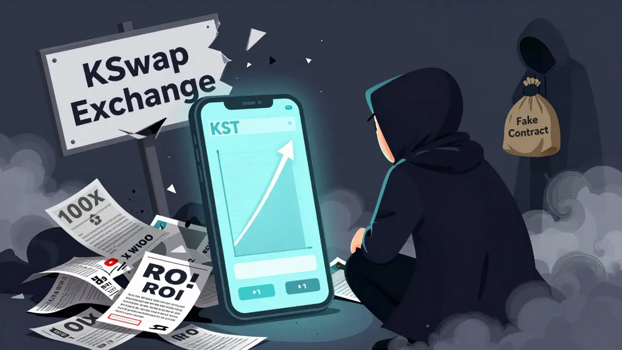 An investor stares at a fake KST price chart while a sign reading 'KSwap Exchange' crumbles behind them.