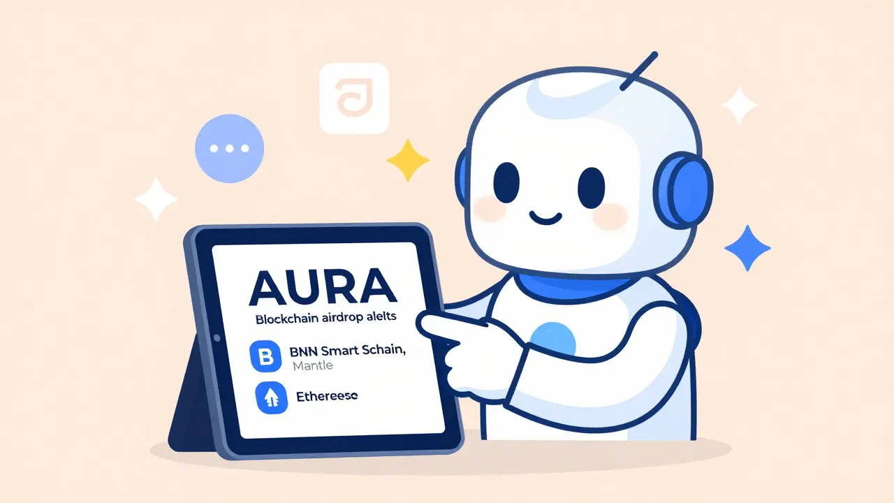 AURA AI agent pointing to tablet showing airdrop alerts on BSC, Mantle, and Ethereum blockchains.