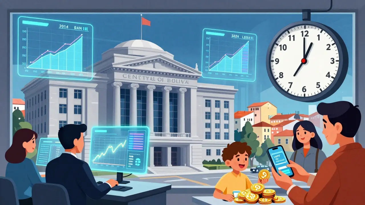 Central Bank building transformed into a crypto command center with holograms of rising digital transactions and citizens using legal wallets.