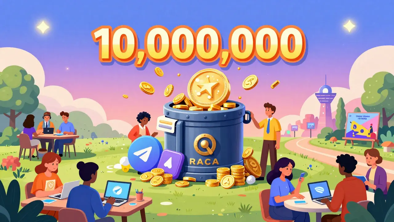 Community members earning RACA tokens through Telegram, Discord, and referral tasks in a vibrant digital hub.