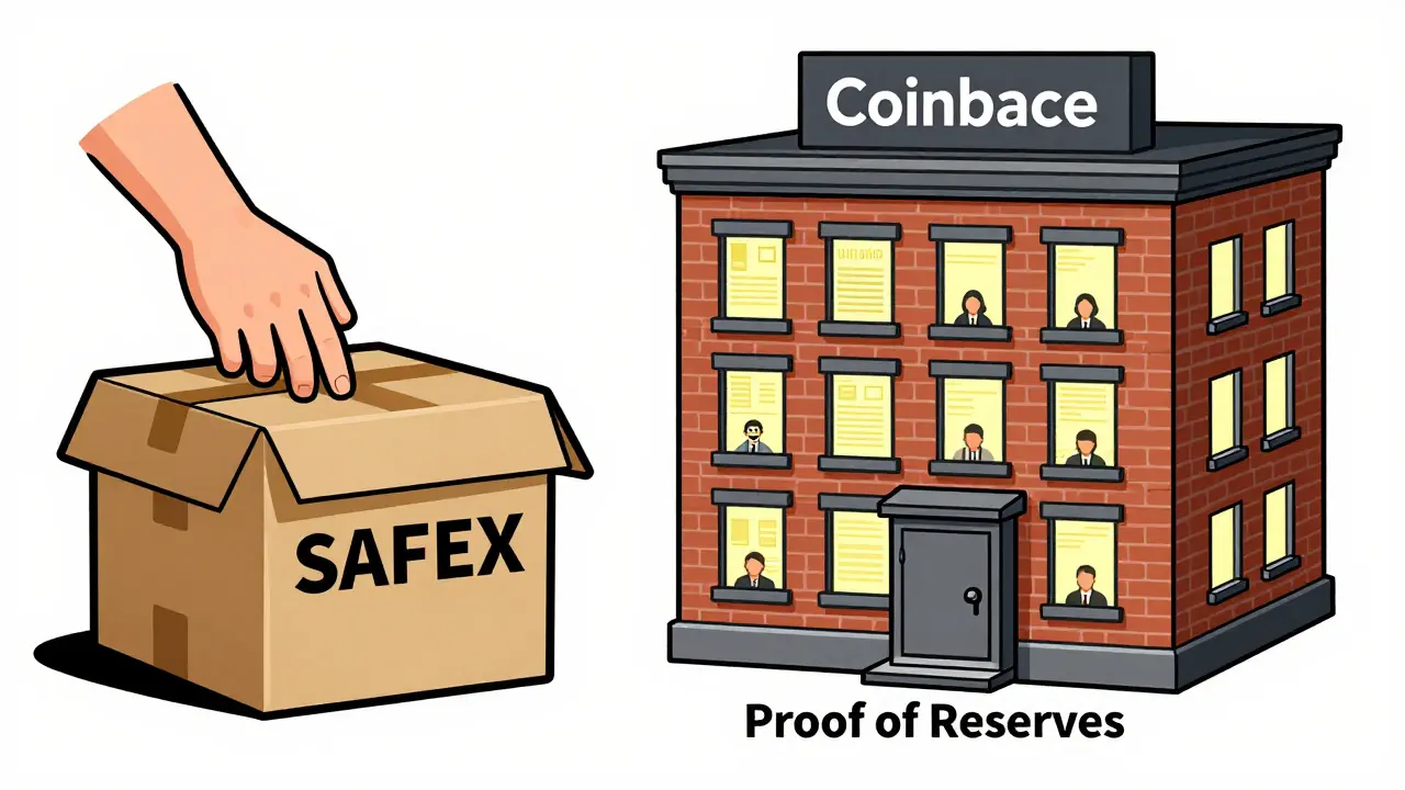 Contrasting SAFEX's flimsy structure with a solid, transparent exchange like Coinbase.