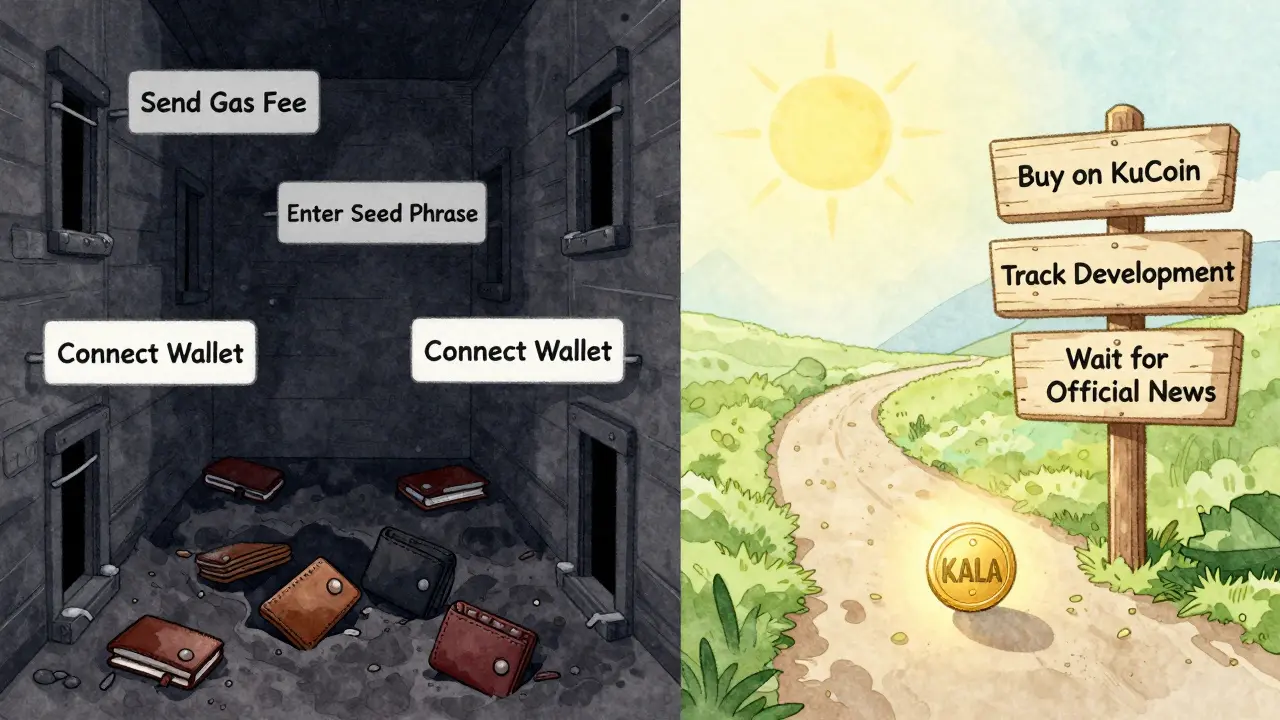 Dark scam alley vs. sunlit path to legitimate KALA acquisition, glowing token at end of safe route.