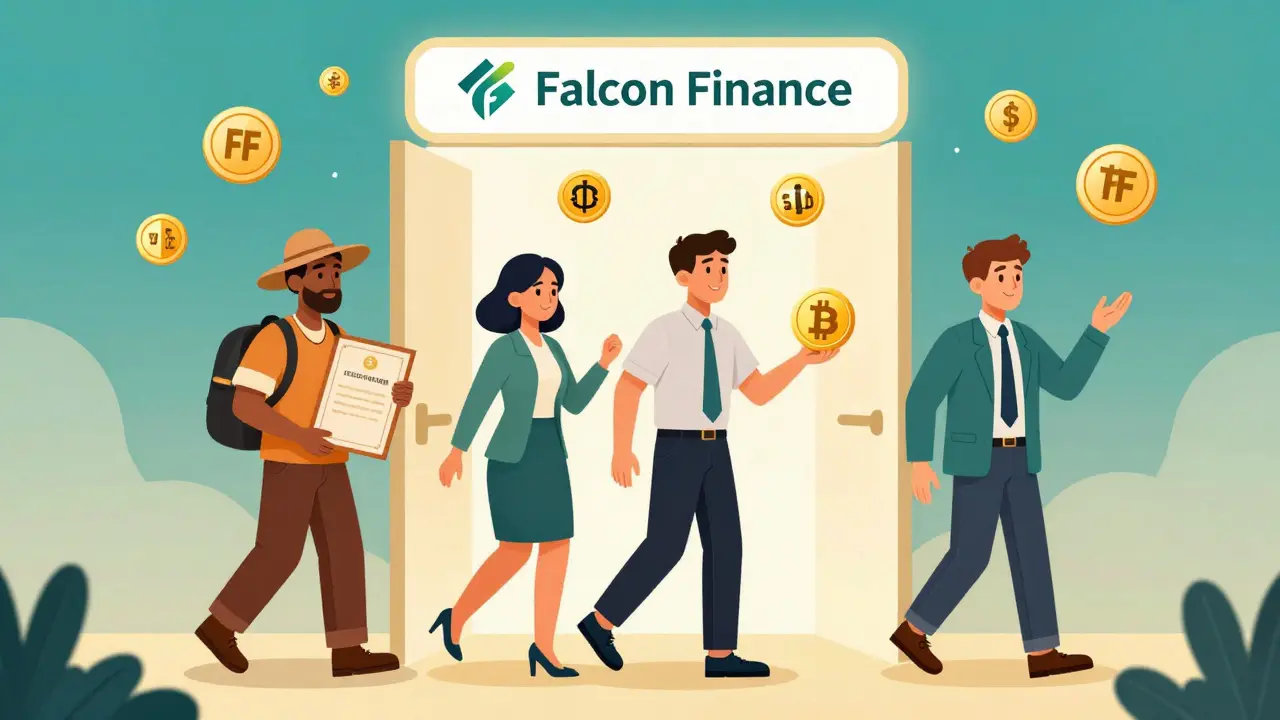 Diverse users entering Falcon Finance to convert assets into USDf and sUSDf tokens.