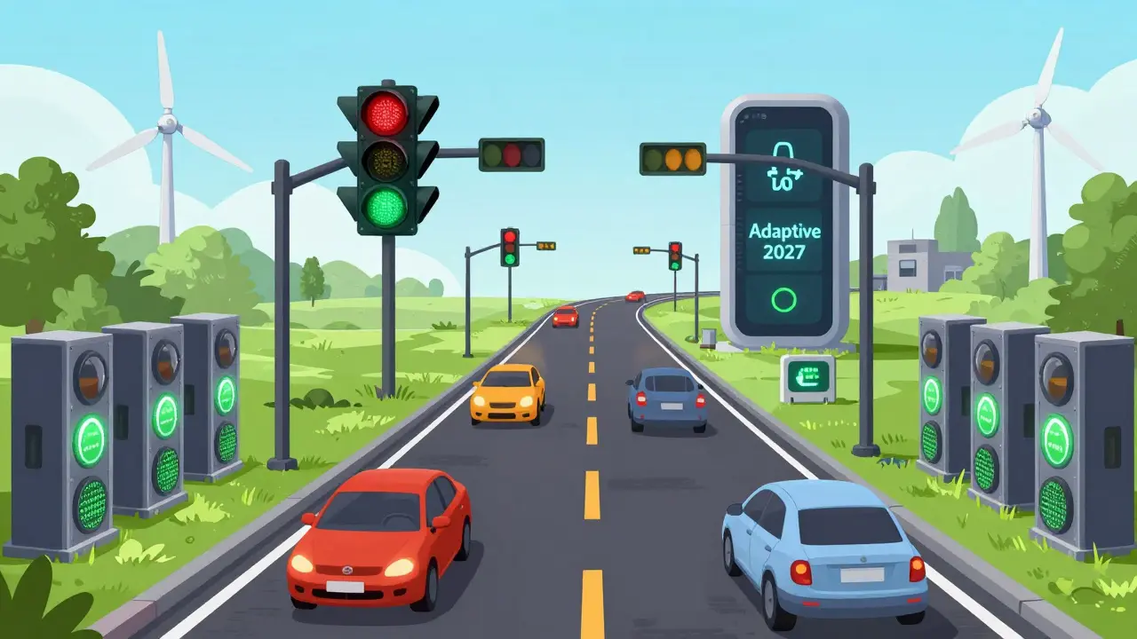 Futuristic blockchain highway with adaptive traffic lights smoothing transactions, beside an old, crumbling system.