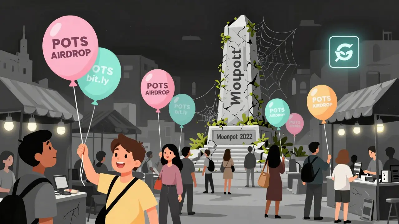 Shoppers in a crypto market grab fake airdrop balloons while a forgotten Moonpot monument crumbles behind them.