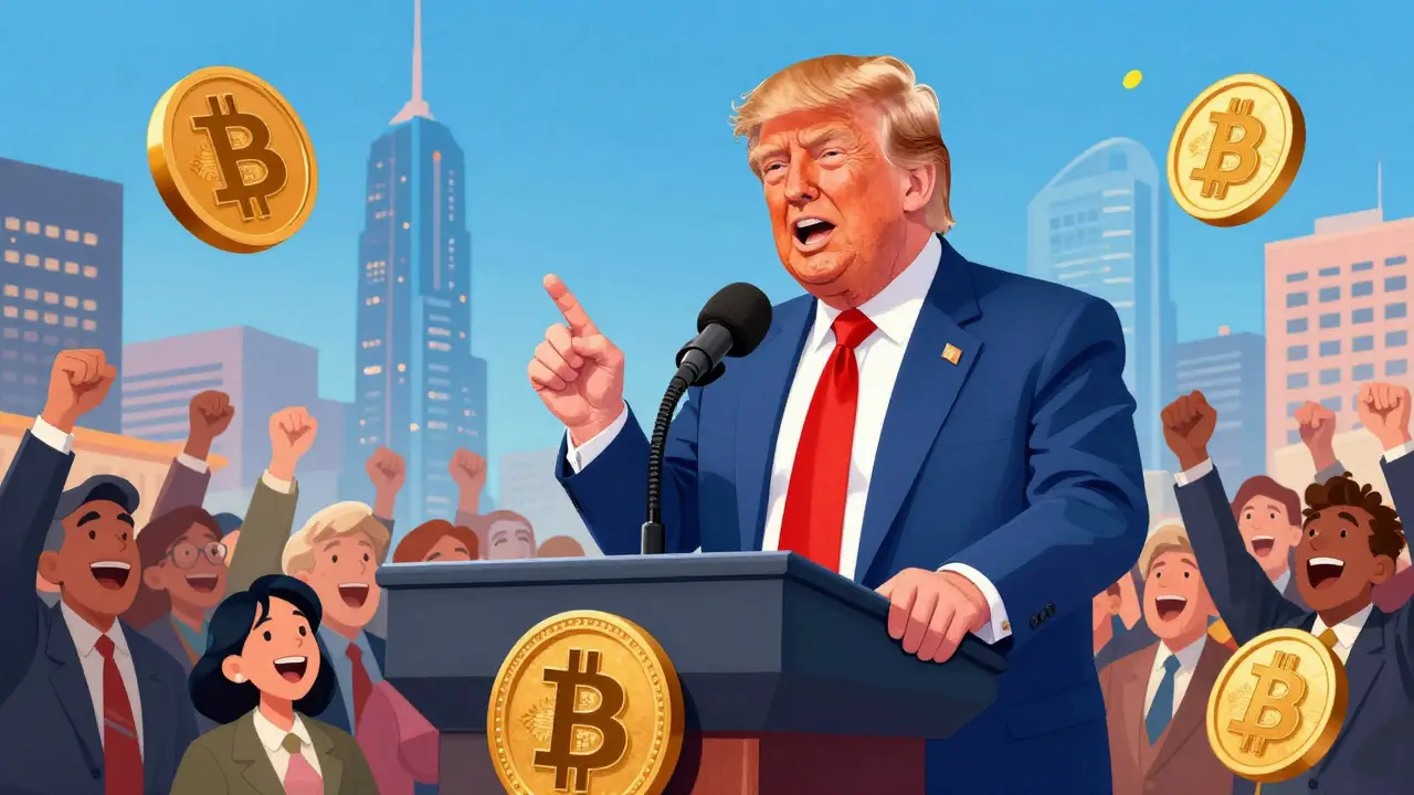 Trump speaking at podium with Bitcoin symbols and cheering crowd