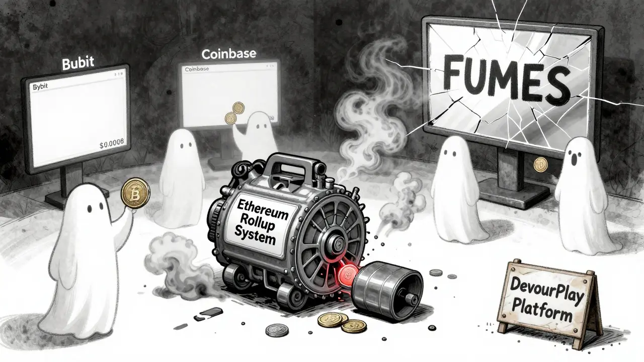 A broken engine labeled 'Ethereum Rollup' emits smoke as ghostly traders exchange FUELX on empty exchange screens.